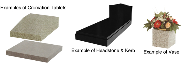 Examples of Cremation Tablets, Headston & Kerb and Cremation Vase